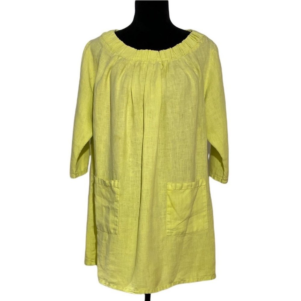 Sashay USA M Tunic Top Shift Dress Comfy Lemon Lime Yellow Scoop Neck 100% Linen